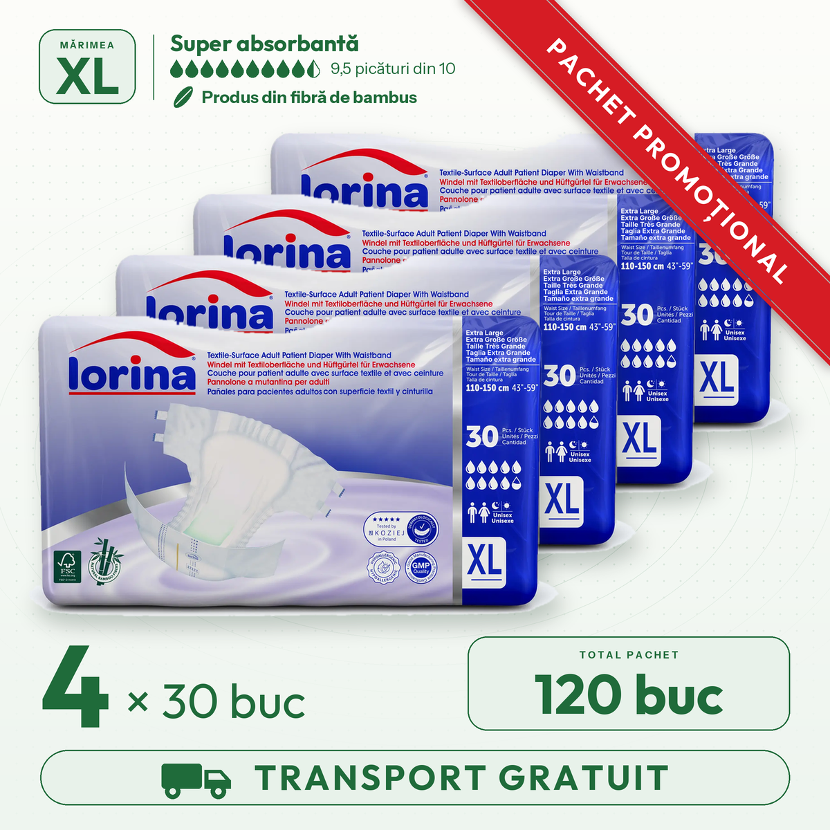 Pachet Promotional 4 x Scutec adulti premium, Lorina marimea XL, cu fibra de bambus ( 4 baxuri cu transport gratuit) total 120 de scutece