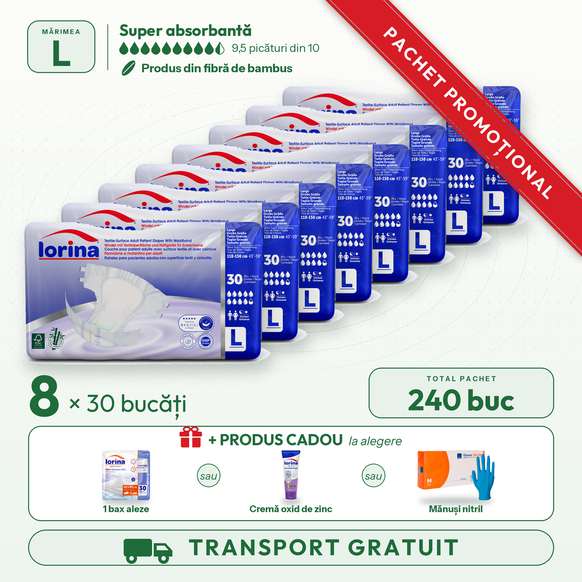 Pachet Promotional 8 x Scutec adulti premium, Lorina marimea L, cu fibra de bambus ( 8 baxuri cu transport gratuit si produs cadou) total 240 de scutece 
